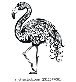 Silhouette of a black flamingo bird, drawn on a white background. isolated vector.