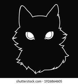 silhouette of a black fluffy cat with big eyes