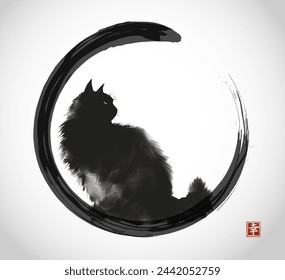 Silhouette of a black fluffy cat in black enso zen circle. Traditional oriental ink painting sumi-e, u-sin, go-hua. Translation of hieroglyph - spirit.