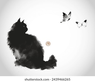 Silhouette of a black fluffy cat watching flying butterflies. Traditional oriental ink painting sumi-e, u-sin, go-hua. Translation of hieroglyph - joy.