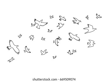 Silhouette Black Fly or Move Birds Thin Line Set Decoration Element Nature Style. Vector illustration