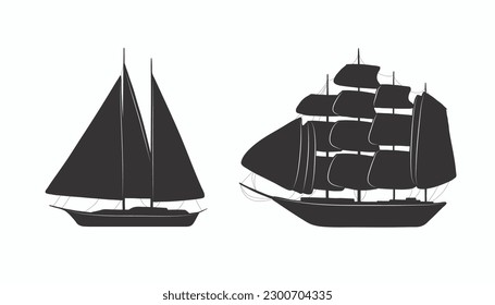 Silhouette of a black four-masted ship with sails and a three-masted yacht with sails on a white isolated background. Ships and yachts. Stickers, badges and individual elements. Vector illustration.