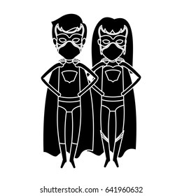 silhouette black front view superhero couple posing with hands on the waist vector illustration