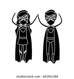 silhouette black front view superhero couple posing with hands up vector illustration