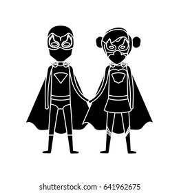 silhouette black front view superhero guy and girl with costumes taken hands vector illustration