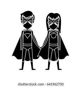silhouette black front view superhero woman and man with costumes taken hands vector illustration