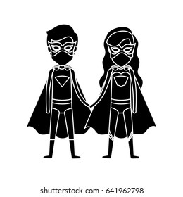 silhouette black front view superhero couple with costumes taken hands vector illustration
