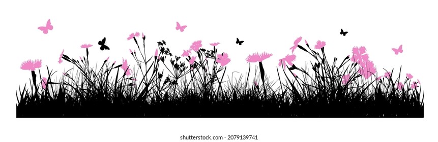 Silhouette of black grass and pink flowers. Beautiful meadow with flying butterflies. Vector illustration