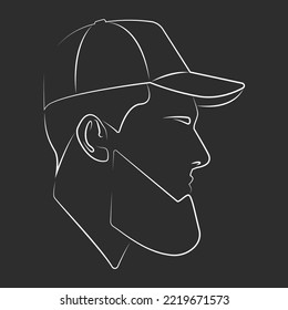 Silhouette de un negro. Retrato lineal. Avatar. Icono. Contornos faciales. Hombre con barba en una gorra de béisbol. Un tipo elegante. Cabeza masculina lineal. Silueta de cabeza de hombre. Ilustración plana masculina.