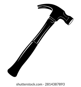 Silhouette of a black hammer icon, symbolizing construction, repair, and craftsmanship, set against a plain white background.