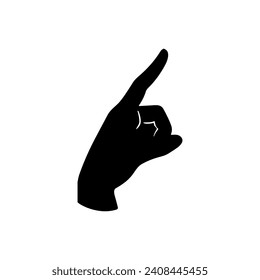Silhouette of a black hand with an index finger pointing up on a white background.