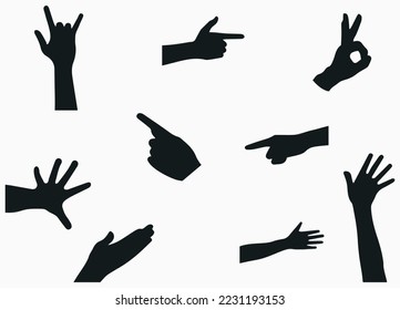 Silhouette of black hands, set of hands, class, hello, vector illustration