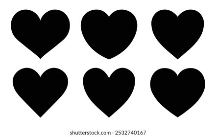 Icono negro del corazón de la silueta fijado en diversa forma aislada en fondo blanco. Iconos del corazón. Símbolo de corazones negros, signo de amor, silueta de latidos del corazón, pictogramas de corazón aislados. Ilustración vectorial.