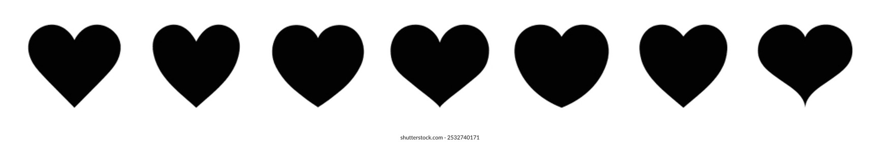 Icono negro del corazón de la silueta fijado en diversa forma aislada en un fondo blanco. Conjunto de iconos de corazón. Símbolo de corazones negros, signo de amor, silueta de latidos del corazón, pictogramas de corazón aislados. Ilustración vectorial.