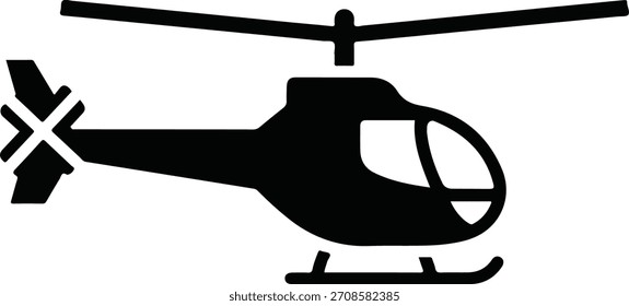 Silueta de un helicóptero negro en vuelo que simboliza el Transporte de aviación y las capacidades de despegue de Vertical aisladas sobre un fondo blanco limpio