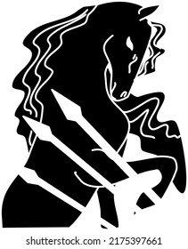 Silhouette of a black horse rearing up with spears. The symbol of the horse in battle. A simple image of a horse.