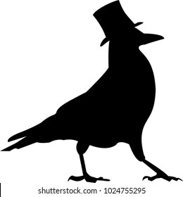 Silhouette of black intelligent crow with hat