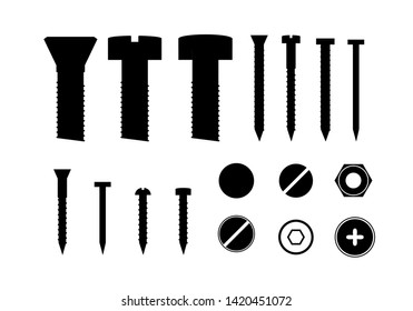 Silhouette Black Metal Screws and Bolts Set Elements of Construction Industry. Vector illustration of Bolt and Screw