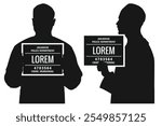 Silhouette black mugshot,  Police lineup or criminal, man holds chalkboard, mugshot board front view and side profile view
