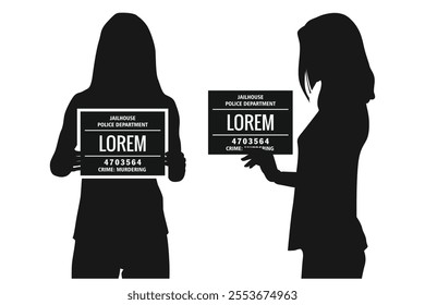 Silhouette black mugshot, Police lineup or criminal, female, woman, girl holds chalkboard, mugshot board front view and side profile view isolated on background