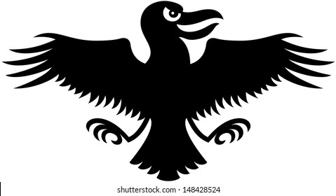 Silhouette of a black and naughty raven opening symmetrically its wings and legs while looking to his left and smiling