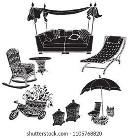 Silhouette black on a white background in a vector- furniture for a garden, picnic, street, sofa cozy, umbrella, armchair, exterior courtyard, sketch
