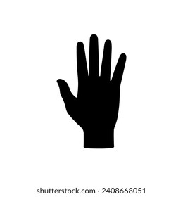 Silhouette of a black open hand with five fingers, vector illustration on a white background, used as a universal gesture for pointing or greeting.