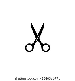 Silhouette of black open scissors against a white backdrop. The blades are separated, and the design features two circular finger holes. Isolated on white.
