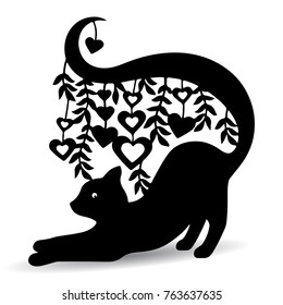 Silhouette black, ornate cat, with a long tail where the hearts hang, on a white background, vector