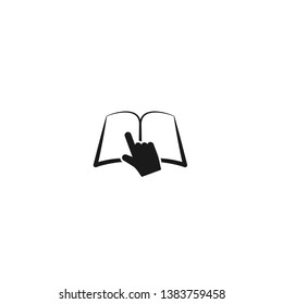 Silhouette with black outline of the book and pointing hand  isolated on white background. Knowledge flat icon. Vector illustration. Reading logo. Manual and tutorial, instruction symbol.