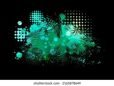 silhouette of black palm leaves on a watercolor background. Vector illustration. Painted frame design. Bright colors. Abstract art