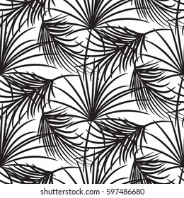 Silhouette black palm leaves seamless vector pattern on white background. Rainforest jungle nature leaf.
