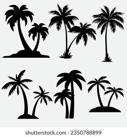 Silhouette Black palm trees set isolated on white background. Palm silhouettes. Design of palm trees for posters, banners and promotional items. Vector illustration