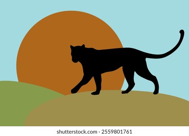 The silhouette of a black panther. A jaguar walks across the savannah, a cartoon silhouette against the background of the sun.