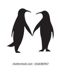 Silhouette of black penguins holding paws forming heart. Design suitable for decor, picture, logo, t-shirt print, tattoo, company emblem. Vector isolated illustration