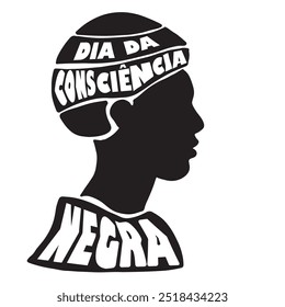 
Silhueta do rosto de um negro com a frase Dia da Consciência Negra escrita em português. Feriado brasileiro.