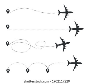 Silhouette Black Plane and Track Set Different Type. Vector illustration of Airplane and Dotted Line