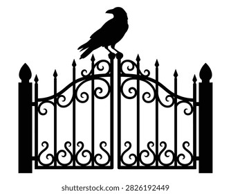 Silhouette of a black raven or crow perched atop an ornate wrought iron gate. Spooky Halloween gothic metal fence decoration design element.