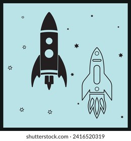 Silhouette Black Rocket, Spaceship Set, Outline Vector