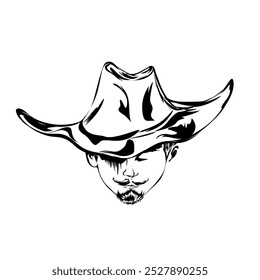 silhouette of black shadow of man's head wearing cowboy hat on white background