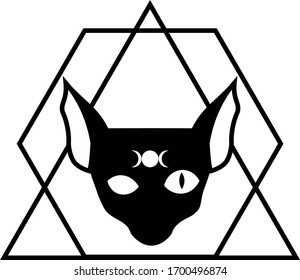 silhouette of black sphynx cat with moon phases symbol on its forehead