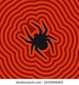 Silhouette of a black spider centered on bold red concentric rings. Vector illustration.