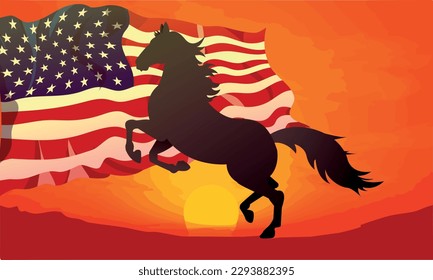 silhouette of black stallion horse against the sunset and US American waving flag patriotic proud background