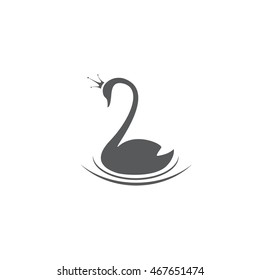 Silhouette of a black swan with a crown. Vector logo template.