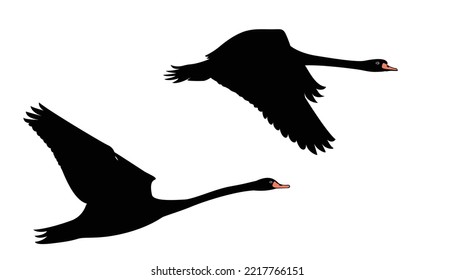 Silhouette Of A Black Swan Flying In The Sky. Swan Flat Design Vector Illustration