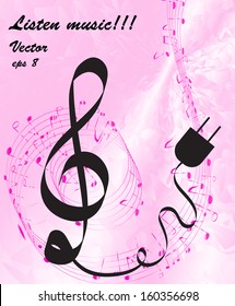 Silhouette of a black treble clef with an electric wire and a plug on the musical notes staff background. Vector. eps 8.