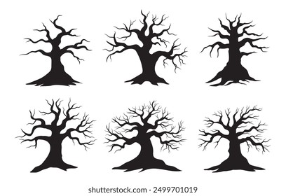 Silhouette of black tree for Halloween on a white background. Silhouette of dry tree. Ghost tree with a scary face for Halloween card decoration. Set of bare tree silhouette. Vector illustration.