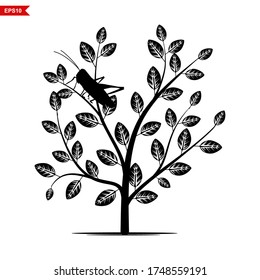 Silhouette of black tree plants there are grasshoppers on a white background. Vector illustration