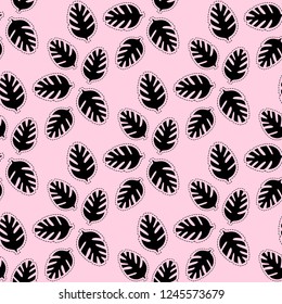 Silhouette black tropical leaf sticker minimal seamless pattern. Vector illustration isolated on a pink background. Astract ashion style