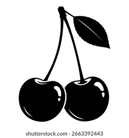 Silueta Arte vectorial de Vector negro de silueta negra de dos cerezas con una hoja aislada sobre fondo blanco